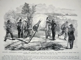 "Beskjuta konfedererade kavalleri över Potomacfloden från höjderna av Great Falls...", 4 oktober 1861 (litho)