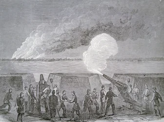 Belägring av Charleston, staden som brinner under bombardement, 3 januari 1864, från Harper