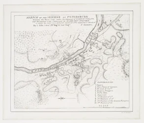 Skiss över skärmytslingen i Petersburg: mellan den kungliga armén under ledning av major Gel. Phillips och den amerikanska armén under befäl av generalmajor. Steuben där de senare besegrades, 25 april 1781