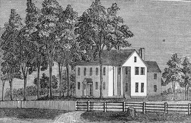Sydvästlig vy av domaren Ellsworths hus, från "Connecticut Historical Collections", av John Warner Barber, 1856 (gravyr)