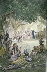 Spanska jesuitmissionärer som konverterade indianer i Kalifornien på 1600-talet (färg litho)