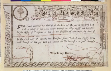 State of Massachusetts Bay skuldebrev, sägs vara graverad av Paul Revere (1735-1818) 1779