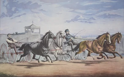 Stella och Alice Gray - Lantern and Whalebone, Passing the Stand (I deras stora match för i Double Harness över Union Course L.I. 5 juni 1855), pub. 1855, Currier & Ives