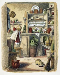 Förvaring i köket i "" Schnik, schnak, småsaker för de minsta"", barnspel. ed. London- Georges Ronthedge och söner. New York, Den breda vägen Ludgate n.d. c. 1890.