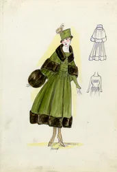 Skräddarsydd kostym, Doucet, hösten 1916 (blyerts  akvarell på papper)