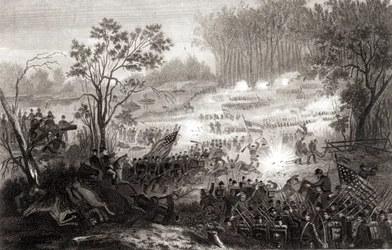 Slaget vid Pittsburg Landing, graverad av H. B. Hall, 1862