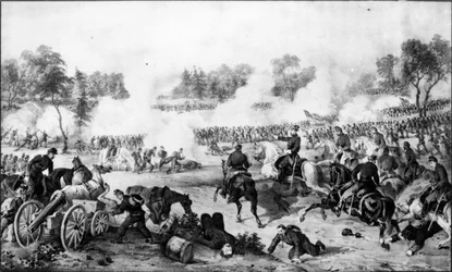 Slaget om vildmarken, Virginia, 5 och 6 maj 1864, pub. av Currier und Ives (gravyr) (bundw foto)