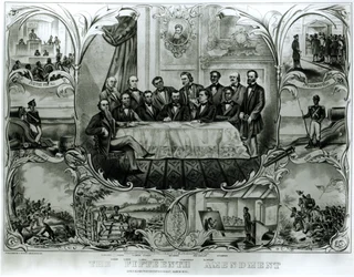 Det femtonde tillägget, undertecknat av president Ulysses S. Grant (1822-85) mars 1870 (litho) (svartvitt foto)