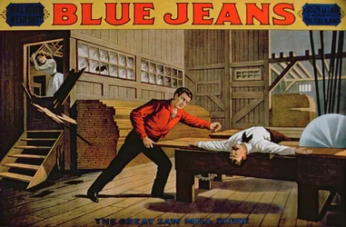 Den stora sågverksscenen, affisch för blå jeans