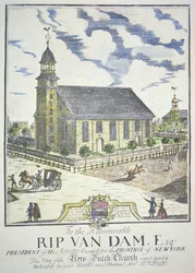 New Dutch Reformed Church, byggd i hörnet av Nassau- och Liberty-gatorna, New York City, 1731 (färgad gravyr)