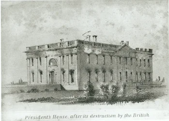 Presidentens hus efter dess förstörelse av britterna, från Wattersons "New Guide to Washington"