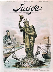 Den föreslagna emigrantdumpningsplatsen, främre omslaget till Judge, 22 mars 1890
