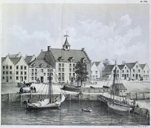 The Stadthuys of New York 1679, Corner of Pearl Street och Coentijs Slip, från Journal of a Voyage to New York 1679-80 av Jasper Danckaerts (f.1639) och Peter Sluyter (1645-1722), publicerad 1867