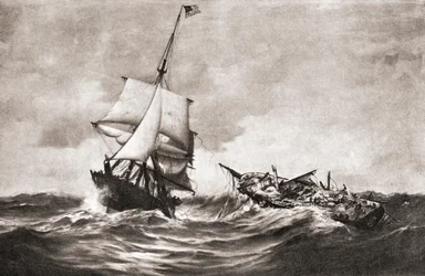 Infångandet av HMS Frolic av krigsslupen USS Wasp, en sjöaktion som utkämpades i Atlanten den 18 oktober 1812, under kriget 1812, från "The History of Our Country", publicerad 1905 (litho)