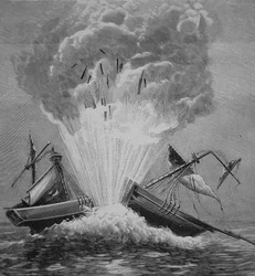 Den första torpeden, uppfunnen av Robert Fulton (1765-1815) spränger den danska briggen 