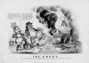 Spöket: en ny spektral illusion, nyligen upptäckt i Europa och nu orsakar stor uppståndelse i Amerika, publicerad av Currier & Ives, New York, 1863