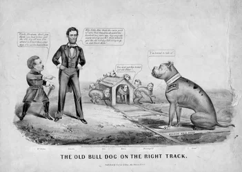 Den gamla tjurhunden på rätt spår, publicerad av Currier & Ives, New York, 1864
