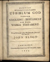 Titelsidan för Mamusse wunneetupanatamwe Up-Biblum Good, 1663
