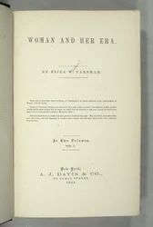 Titelsida för Women and Her Era av Eliza Wood Farnham (1815-64) publicerad i New York, 1864 (tryck)