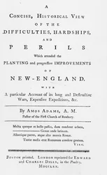 Titelsida till en kortfattad, historisk syn på svårigheterna, svårigheterna och farorna som deltog i Planting and Progressive Improvements of New England, 1770 (tryckt papper)