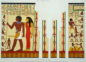 Grav 24, gravkammare nr 2, från Gizeh, volym II, tavla XV från det antika Egypten av Samuel Augustus Binion, publicerad 1887 (tonad chromolitho)