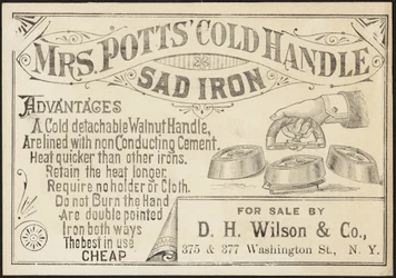 Byteskort för Mrs. Potts" Cold Handle Sad Iron, ca 1870-1900