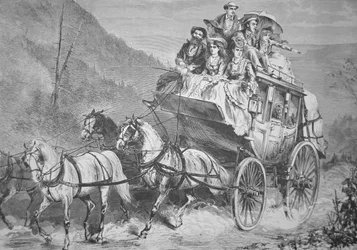 Reser genom den amerikanska västern med Concord Stagecoach på 1860-talet (gravyr)