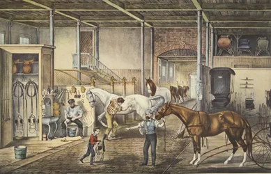 Travsprickor hemma, ett modellstall, pub. 1868, Currier & Ives