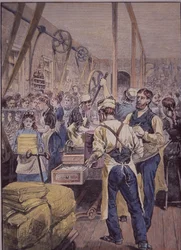 Amerikansk textilindustri, textilfabrik i norr, ca 1870 (färgad gravyr)
