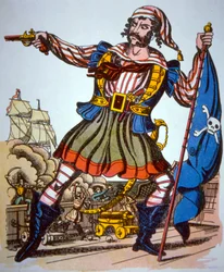 Viktoriansk presentation av en pirat (färg litho)
