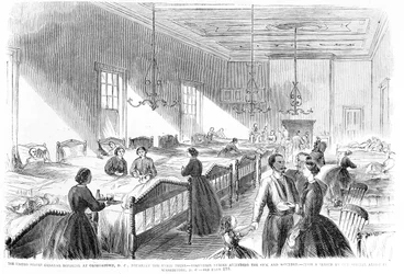 Frivilliga sjuksköterskor som går till sjuka på US General Hospital i Georgetown, från Frank Leslies Illustrated Newspaper, 6 juli 1861