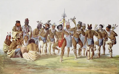 Krigsdans av saukerna och rävarna, illustration från "The Indian Tribes of North America, Vol.1", av Thomas L. McKenney och James Hall, pub. av John Grant