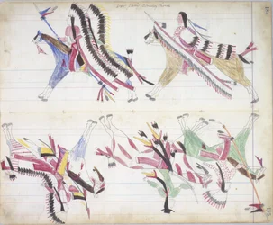 Krigsfest kommer hem, illustration från Black Horse Ledger, 1877-79 (penna och krita på papper)
