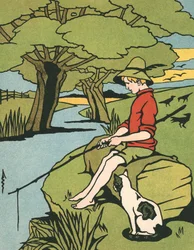 Ung pojke som fiskar i en flod med sin katt
