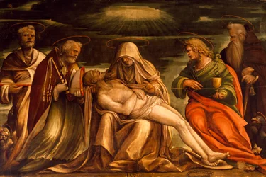 Pieta mellan de heliga Markus, Ambrosius, Johannes evangelisten och Antonio Abate, av Amico Aspertini (1474 eller 1475-1552), tempera på duk