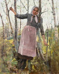 Vår; flicka i en björkskog