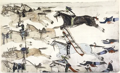 Slaget vid Little Big Horn 25-26 juni 1876. Reträtt för USA:s 7:e kavalleribataljoner under major Marcus Reno. Målning av Amos Bad Heart Buffalo (Sioux) ca 1900