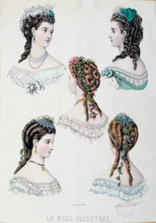 Fem frisyrer av kvinnor Plate hämtade från "La mode illustree"" av Anais Coutwelve