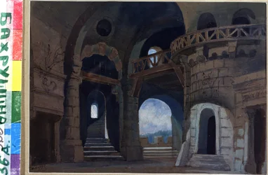 Decor pour la piece Macbeth de William Shakespeare (1564-1616) (Scenografi för pjäsen Macbeth av W.Shakespeare). Oeuvre de Anatoli Fyodorovich Geltser (1852-1918), aquarelle et gouache sur papier