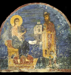 Storprins Yaroslav II Vsevolodovich med modell av Nereditsa-kyrkan före Kristus, 1100-talet