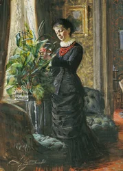 Porträtt av fru Lisen Samson, född Hirsch, arrangerar blommor vid ett fönster, 1881