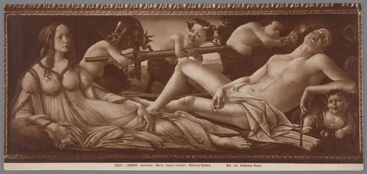 Fotoreproduktion av målningen Venus och Mars av Sandro Botticelli Londra, Botticelli, Marte, Venere e Satiri, National Gallery (titel på objekt)