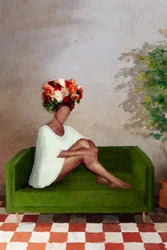 Kvinna med blommor på soffan