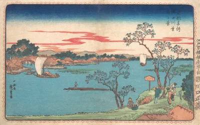 En vy av körsbärsträd i löv längs Sumidafloden, 1831., 1831.
