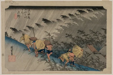 Driving Rain at Shono Station 46 från serien Fifty-Three Stations of the Tokaido, 1833.