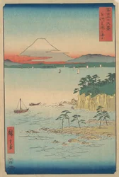 Fuji från Miura, Sagami Soshu Miura no Kaijo, från serien Thirty-six Views of Mount ..., 1858.