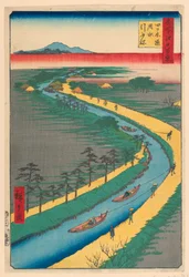 Hauling Canal Boats, Yotsugi Road (Yotsugi-dori, yosui hikifune) Från serien Hundra berömda utsikter över Edo