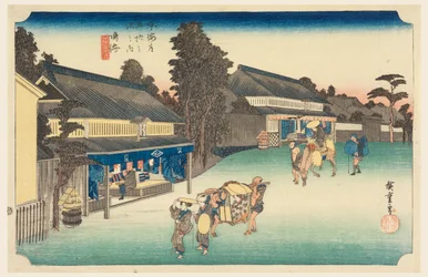 Narumi, en plats känd för sitt tyg, i de femtiotre stationerna på Tokaido Road (Tokaido Gojusan Tsugi-no Uchi)