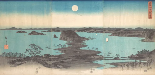 Panorama över de åtta vyerna av Kanasawa under en fullmåne, 1857., 1857.
