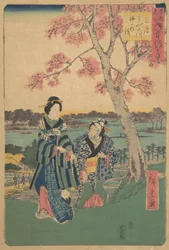 Titta på plommonblommor under den tredje månaden vid Sumida River från serien Annual Events at F..., 1854.
